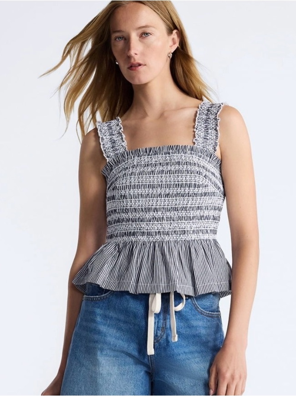 Free assembly smocked cotton tank with peplum hem